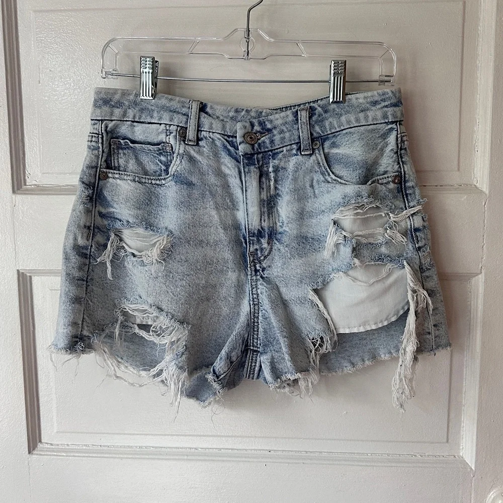American Eagle Strigid Distressed Denim Jean Shorts Cut Off High Rise Stretch 8 - Picture 3 of 15